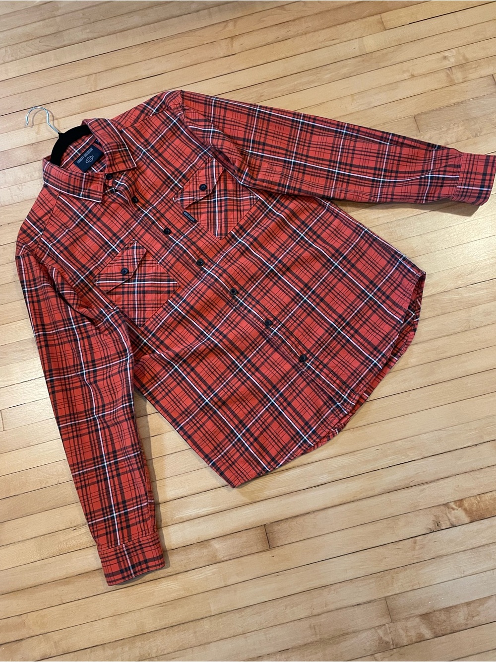 HARLEY-DAVIDSON Men’s Essence Button Down Shirt Orange Plaid Cotton Biker Moto